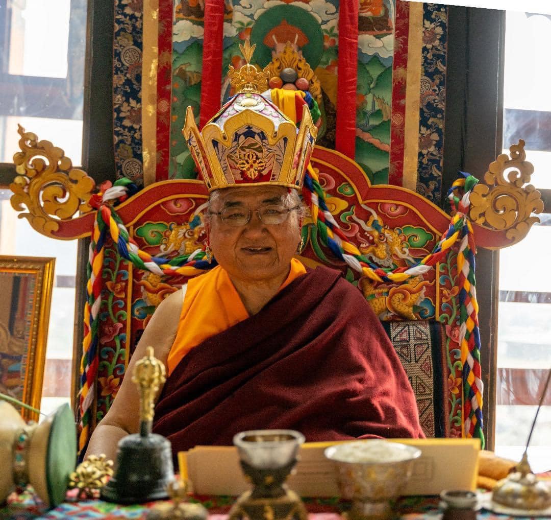 A formal portrait of His Holiness the 41st Sakya Trizin Ngawang Kunga in full ceremonial regalia, taken during the era of the historic 2017 transition of throne to the next generation
